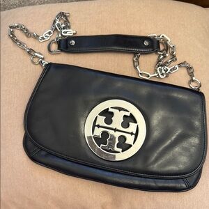 Tory Burch Black Leather Shoulder Bag with Silver Chain